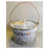 Vintage Mottled Gray and White Enamelware Stockpot