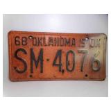 1968 Orange w/Black Oklahoma is OK License Plate