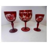 3 Egermann Bohemian Cranberry Ruby Cut to Clear