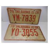 2 1978 Oklahoma is OK License Plates - YO-3855