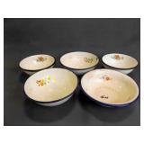 5 Vintage Enameled Bowls - White Base with Blue