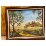 Vintage Framed Oil on Canvas Rustic Barn w/Blue
