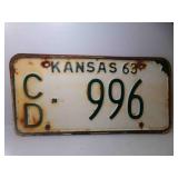 1963 White w/Green Kansas License Plate CD-996