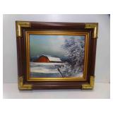 Vintage Framed Oil on Canvas Board "Winter Barn"