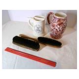 2 mugs, 2 vintage lint  brushes, ruler