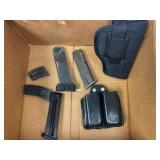box of holsters, misc. magazines
