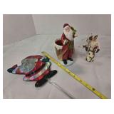 3 Santa Claus figures; Yard ornament w/spike