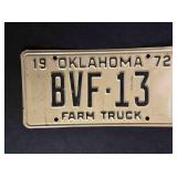 Vintage Oklahoma Farm Truck license, 1972