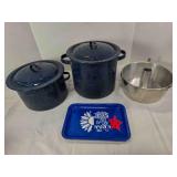 2 Enamelware pots w/lids; Angel food cake pan