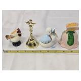 2 bells; chicken S/P shaker & duck figurine