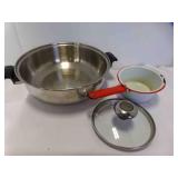 Small White w/Red Trim Enamelware Saucepan & Large