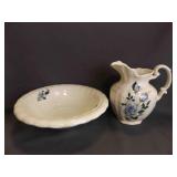 Vintage Ceramic Pitcher and Wash Basin Set - Blue