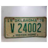 1978 Oklahoma Motor Home License Plate V  24002