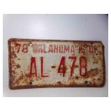 1978 Oklahoma is OK License Plate AL-478 - Rust &
