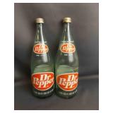 Two Red Label Green Glass Dr. Pepper Bottles