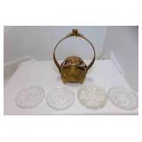Vintage Gold Tone Filigree Basket w/Glass Coaster