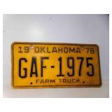 1978 Oklahoma Farm Truck License Plate GAF-1975