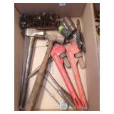 Box of misc. pipe wrenches, etc.