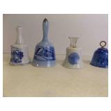 4 Vintage Blue and White Porcelain Bells
