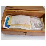 Wooden Souvenir Box Filled w/Vintage Stamps
