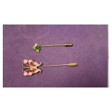 Vintage Gold Tone Stick Pins - Pink & Red Enamel