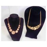 Vintage Gold Tone Floral Statement Necklace & Pink