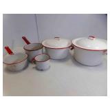 Red & White Enamel Ware 2 Cooking Pots & 2