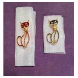 2 Gold Tone Cat Brooches Red & Blue Enamel