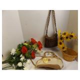 2 Purses, Sunflower Wicker Basket