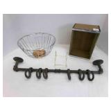 Metal Towel Rack w/Hooks, Wood box, Metal wire
