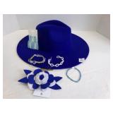 Blue Felt Hat w/Earrings, Bracelets, Hair