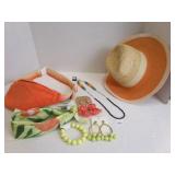 Orange Straw Hat w/Fashion Accessories, Earrings