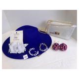 Light Blue Felt Hat w/Earrings, Bracelets, Hair