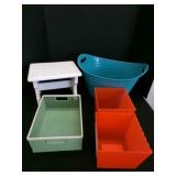 5 storage tote containers-wood stool 8" tall