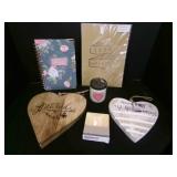 2 wood Hearts, Ceramic Candle, Notes book