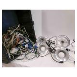 4 Clamp Lights lamps, extension cords, adapters