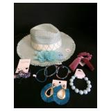 Light Blue Straw hat w/Earrings, Bracelets, Hair