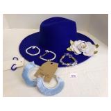 Blue Felt Hat w/Earrings, Bracelets, Hair