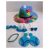 Painted Blue Straw Hat, Earrings, bracelet