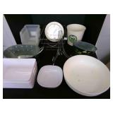 Plastic Storage containers, bowl, clock wire baske