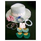 Light Blue Felt Hat w/Earrings, Bracelets, Hair
