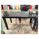 METAL SHOP TABLE W/ VISE AND GRINDER, HOSE REEL