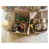 Wood decor pieces, plants, watering can, etc.