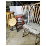 Wooden Chairs (2), Stools (3)