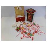 3 Christmas Items - Metal/Tin Container w/Lid