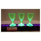 3 Vintage Glow-Green Uranium Glass Goblets