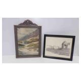OLD Framed Artwork Mountain Landscape w/Deer
