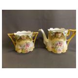 Vintage Porcelain Covered Sugar Bowl and Creamer