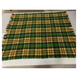 Vintage Green & Yellow Plaid Wool Fringed Blanket