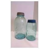 2 Antique Aqua Clear Canning "Mason" Jars w/